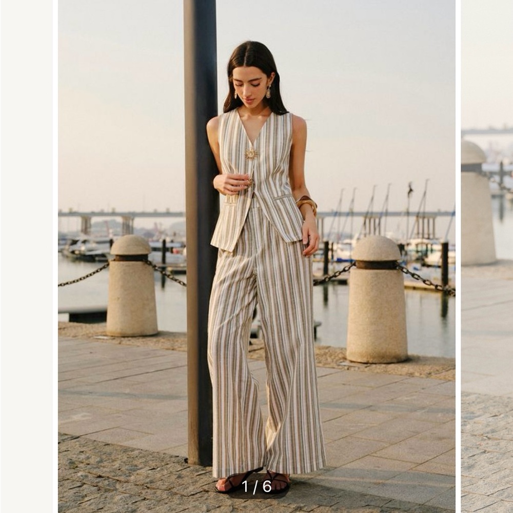 Linen & Cotton v neck striped vest with 
Mid-Waist Striped pants